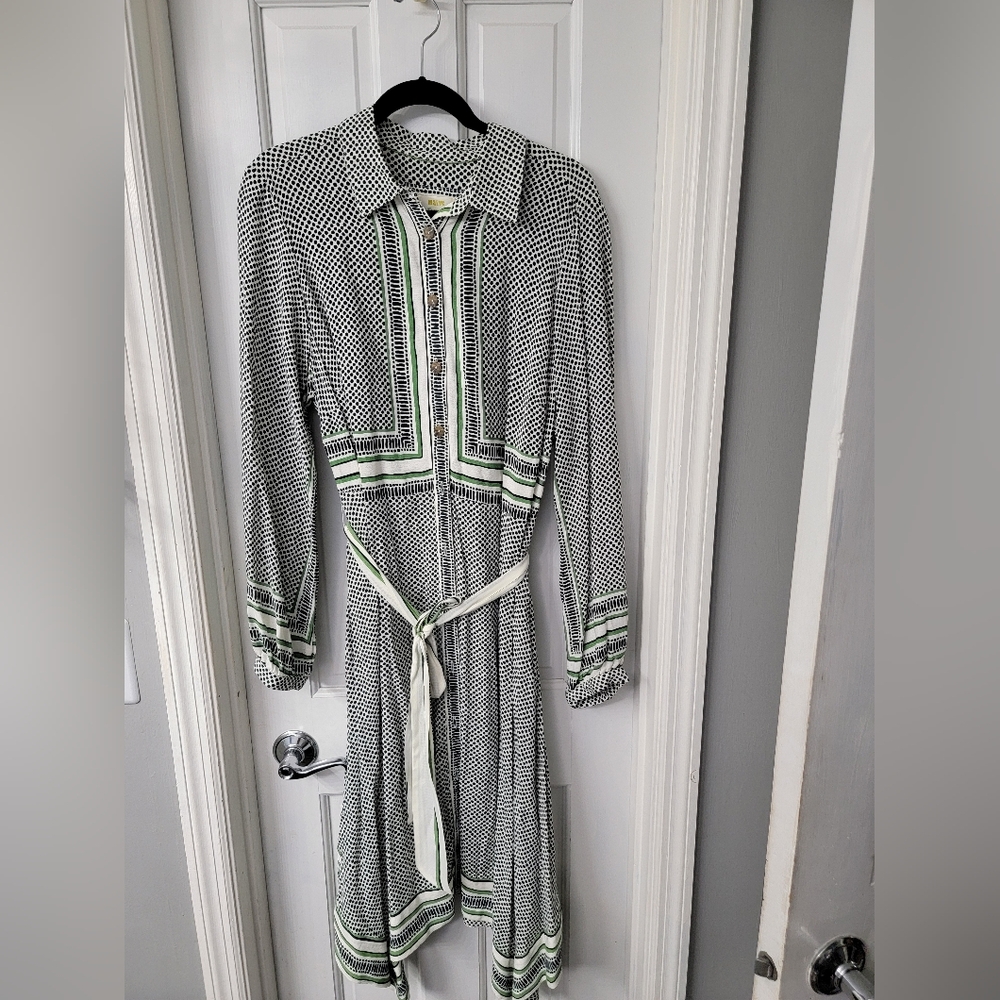 Anthropologie Maeve  Black and White Long Sleeve Dress with Green Accents